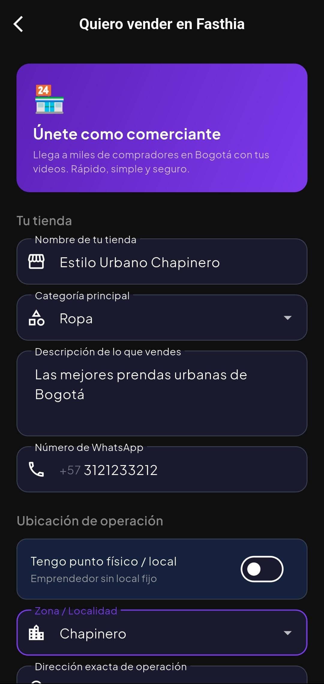 Formulario de registro para vendedores en Fasthia