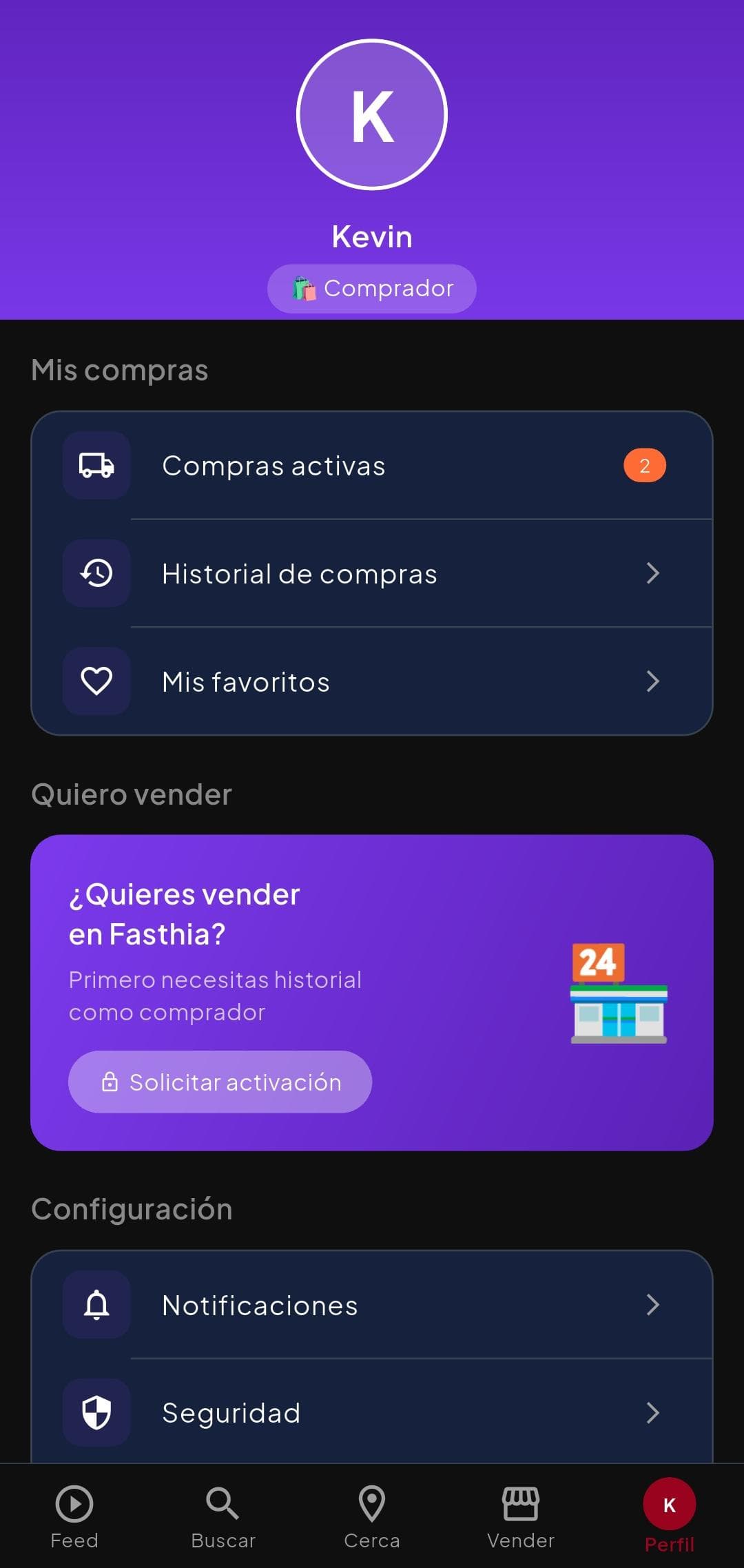 Perfil del comprador con compras activas e historial en Fasthia