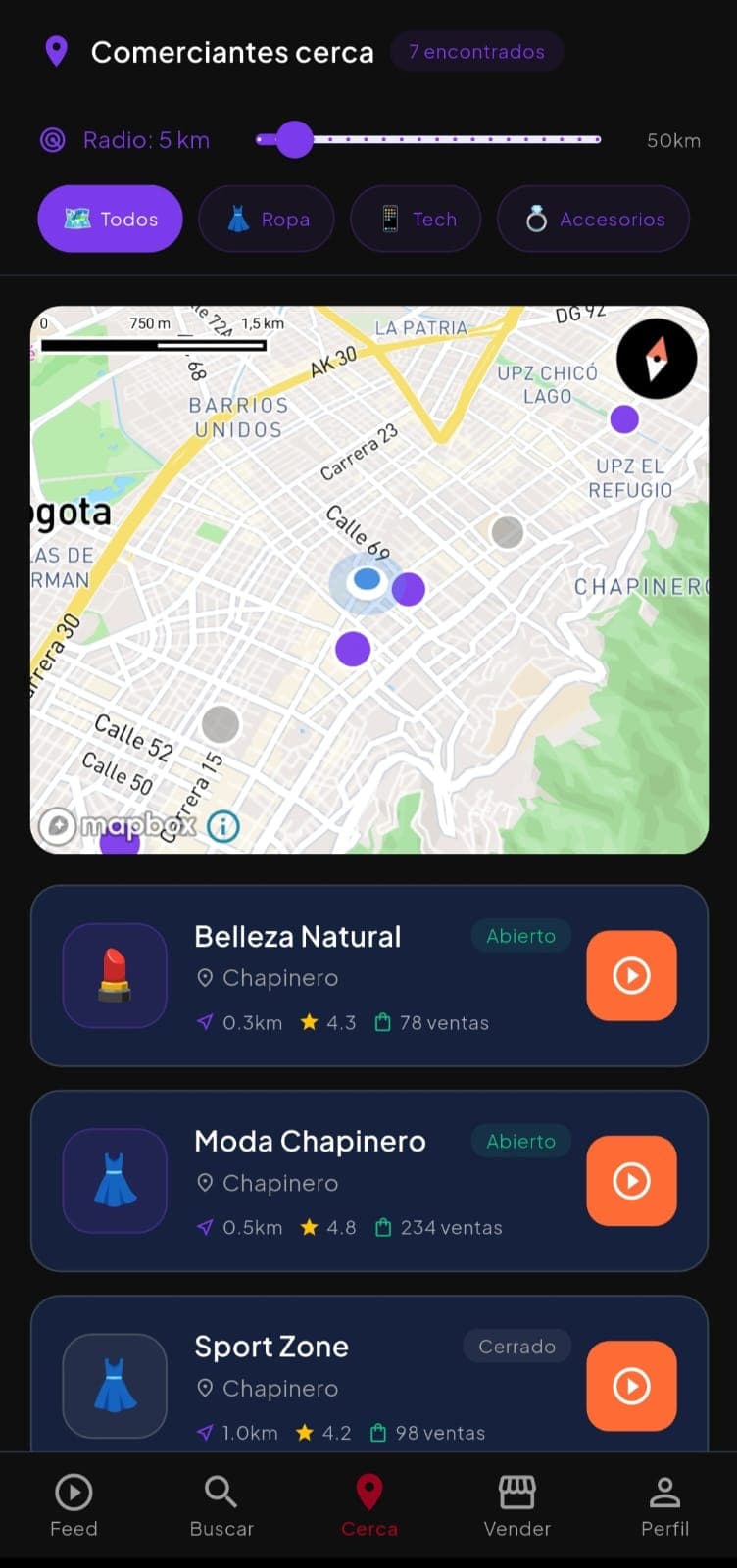 Pantalla principal de Fasthia mostrando comercios cercanos