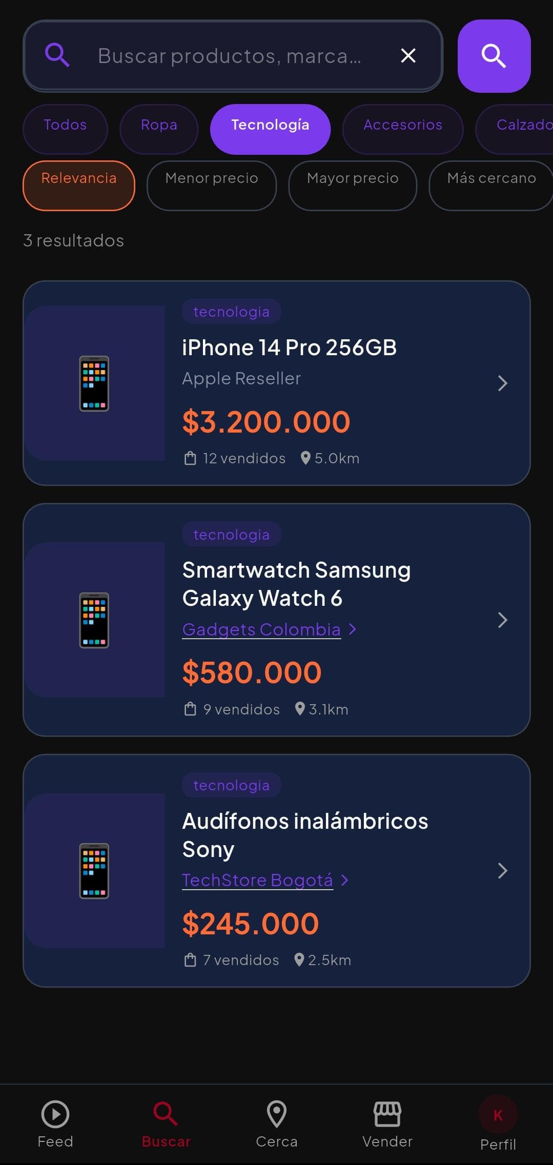 Búsqueda de productos con filtros de categoría y precio en Fasthia