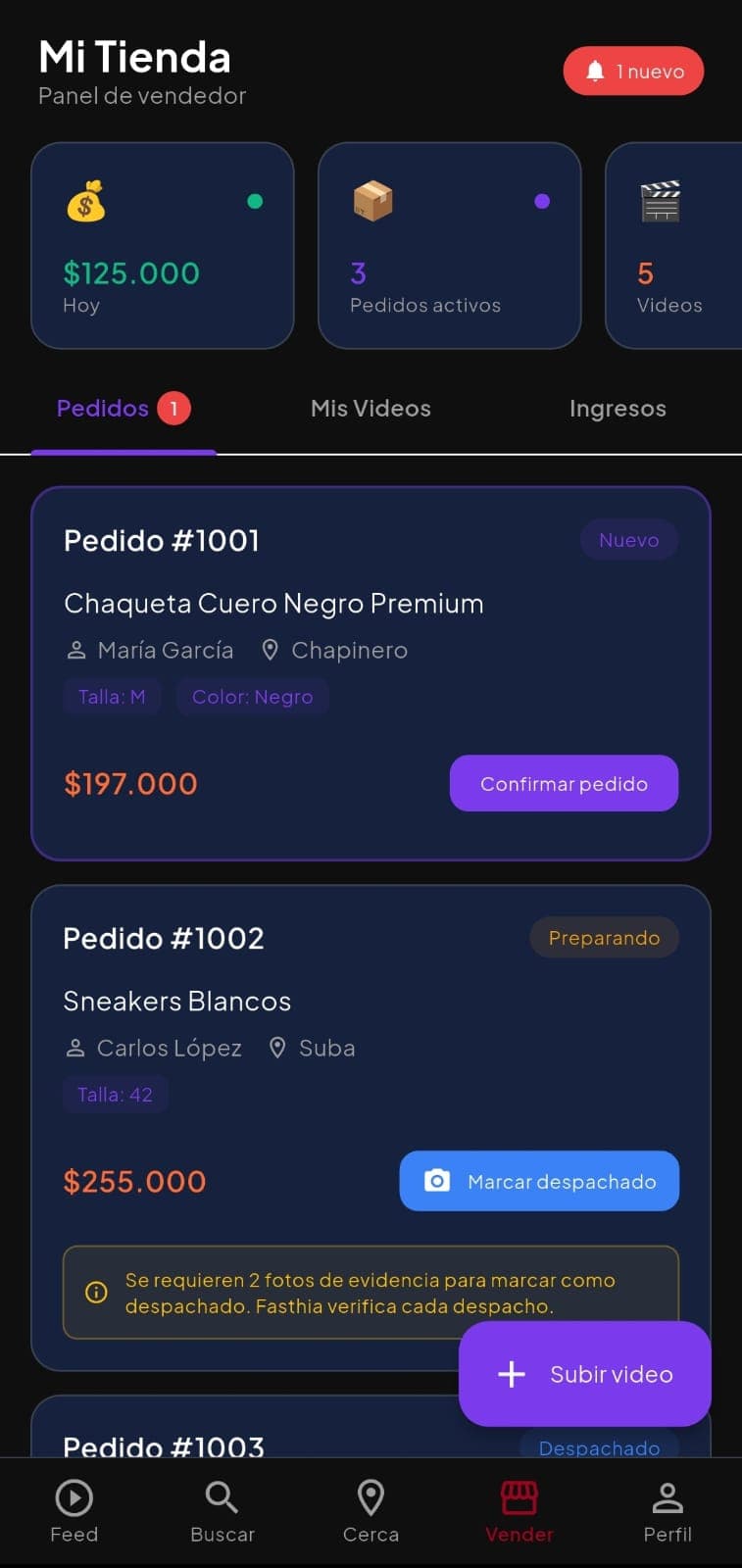 Pantalla del panel vendedor en Fasthia
